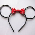Beaded Minnie Mouse Ears Headband Hat Red Bow
